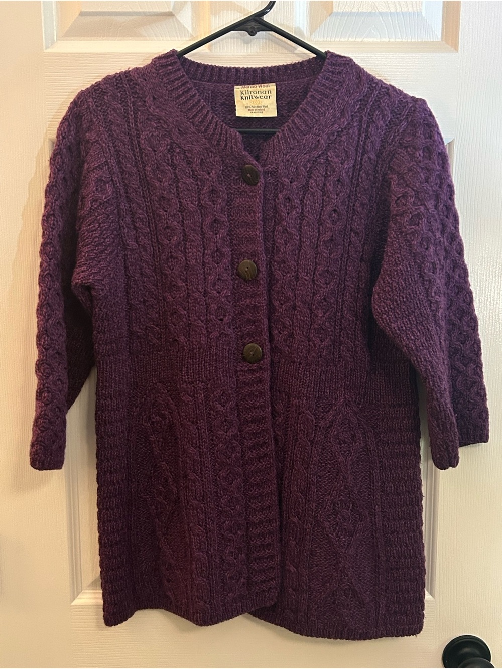 Kilronan Knitwear Purple Merino Wool Aran Cable Cardigan Ireland Size S
